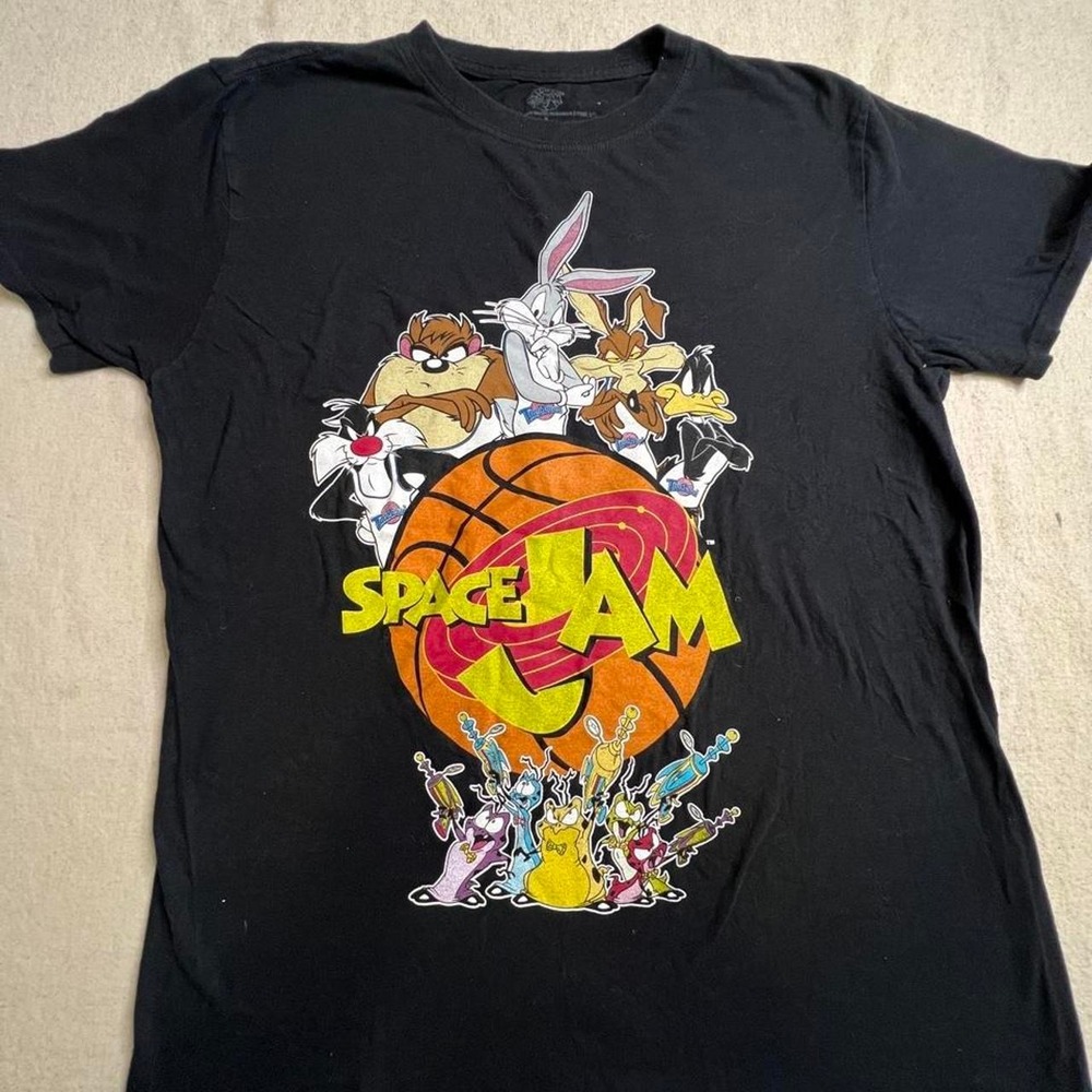 Space Jam Looney Tunes Graphic T-Shirt Mens Large Black Cotton Basketball Tee